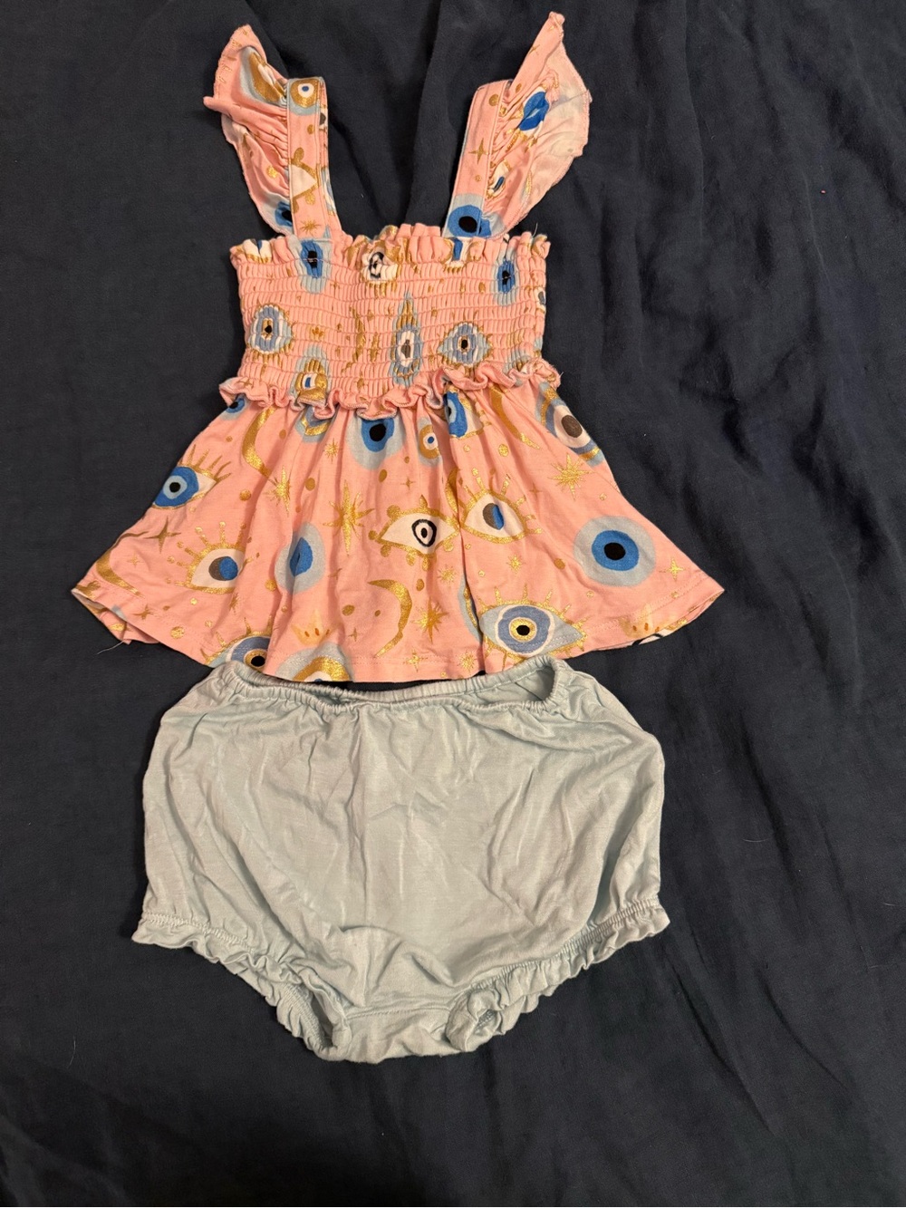 Posh Peanut Fiona 2.0 Pink and Blue Eye Print Smocked Set with Gold Stars